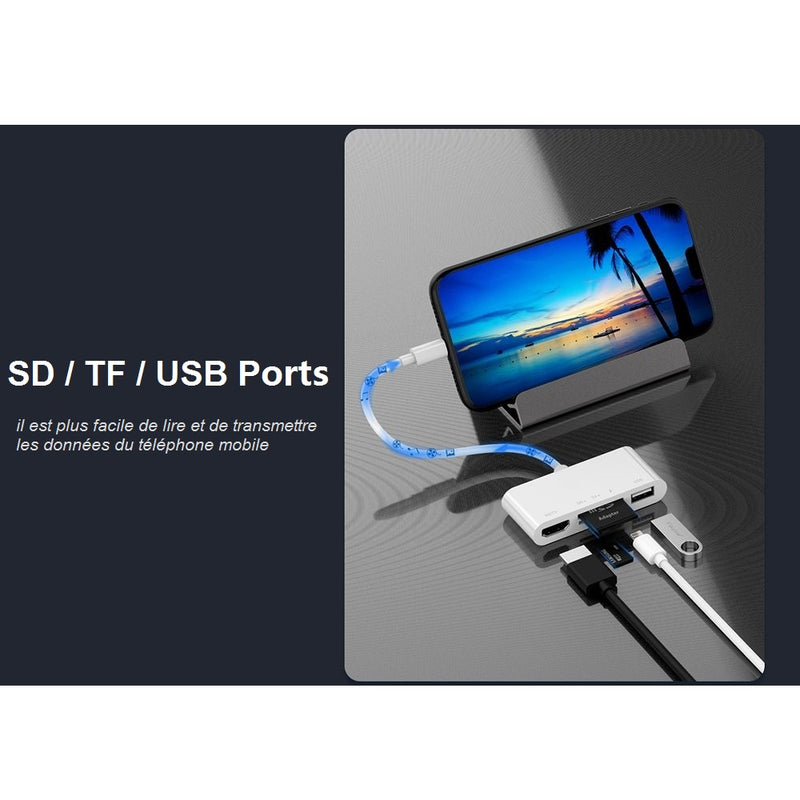 Adaptateur Concentrateur Lightning vers HDMI Full HD 1080P,USB 2.0, Lecteur SD, Lightning Charger 5 en 1 - diymicro.fr