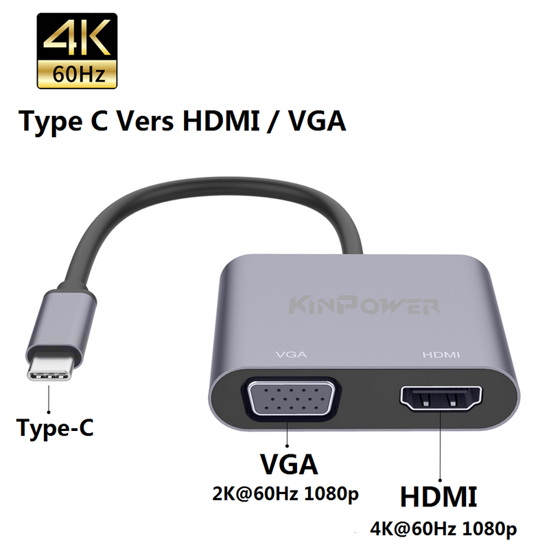 Adaptateur Concentrateur Type C vers VGA & HDMI 4K Full HD à 60Hz 1080P 2 en 1 - diymicro.fr