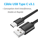 Kinpower Câble USB Type C v3.1 Mâle vers USB A Mâle 1.8M - diymicro.fr