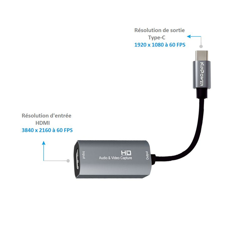 Kinpower Carte de Capture Vidéo 60FPS Full HD 1080p Enregistrement HDMI vers Type-C - diymicro.fr