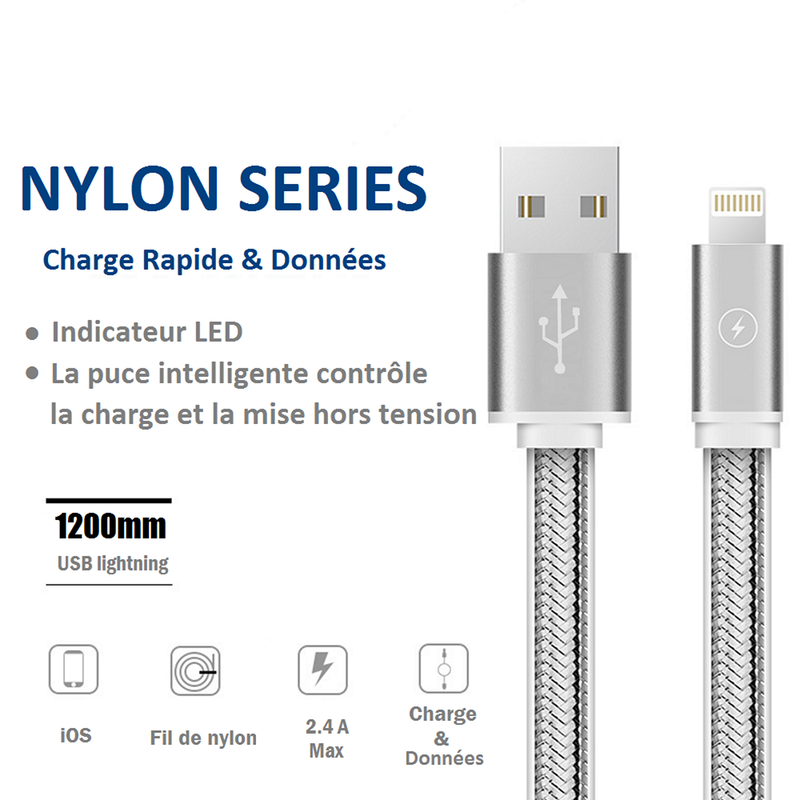 Kinpower Câble USB Lightning Mâle vers USB A Mâle 5V-2.4A 12W PD 1.2M - diymicro.fr