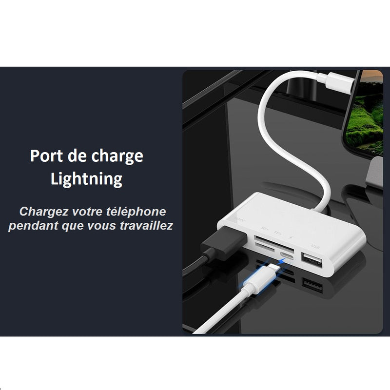 Adaptateur Concentrateur Lightning vers HDMI Full HD 1080P,USB 2.0, Lecteur SD, Lightning Charger 5 en 1 - diymicro.fr