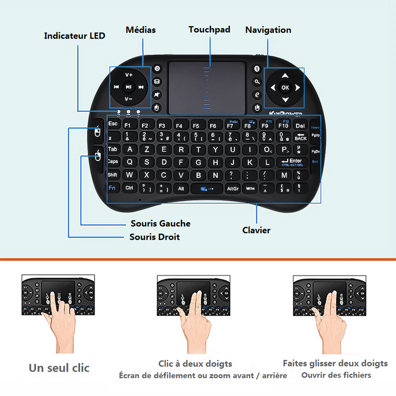 Kinpower Mini Clavier Azerty Sans Fil avec Touchpad Multi-fonctions en Batterie Rechargeable - diymicro.fr